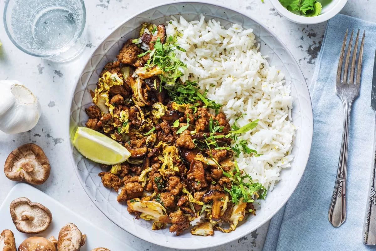 Bamboo, shiitake, and stir-fried pork with Thai rice