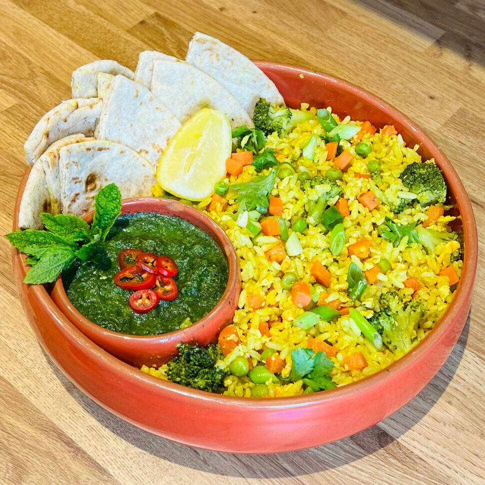 Curried Veg Fried Rice With Coriander and Mint Chutney