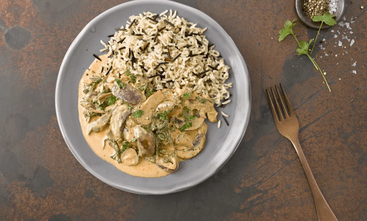 Creamy Mushroom Stroganoff served with white rice